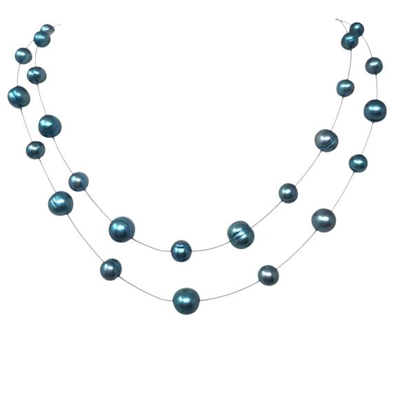 Honora Blue Cultured Freshwater Pearl Illusion Necklace Double Strand Boxed NEW - Picture 1 of 7